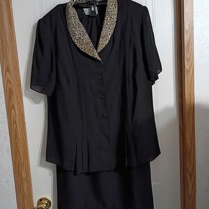 Julian Taylor Black Skirt Set with Leopard Print Collar